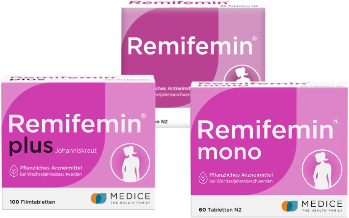 Abbildung der Remifemin Produkte wie Remifemin plus Johanniskraut, Remifemin mono und Remifemin